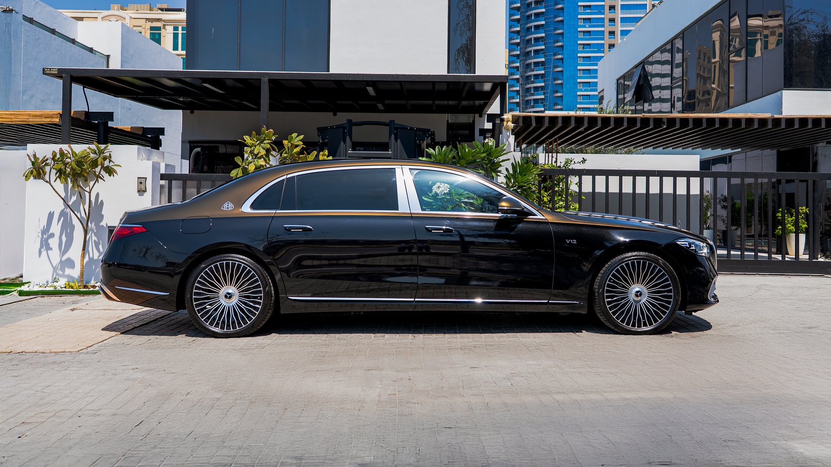 Black Mercedes S680 Maybach profile detail in Dubai