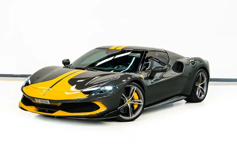 Grey and yellow Ferrari 296 GTS front three-quarter stance available to rent in Dubai