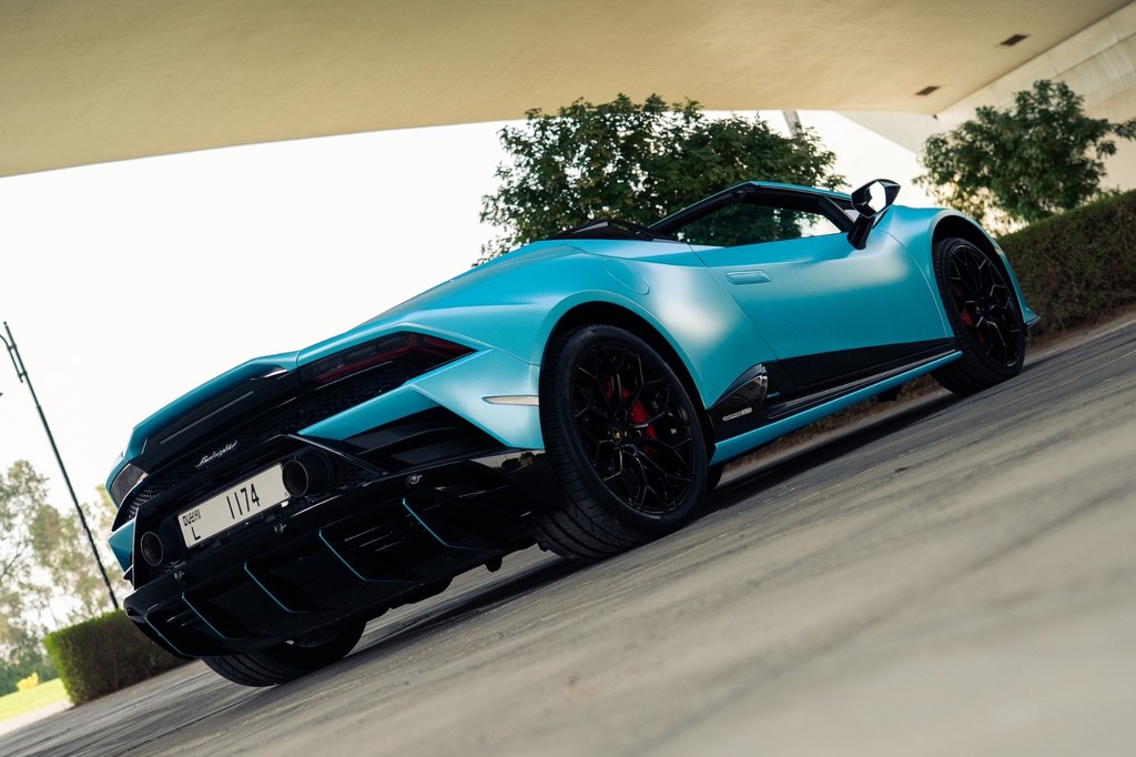 Turquoise Lamborghini Huracan EVO Spyder rear three-quarter stance in Dubai